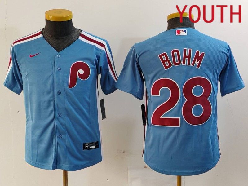 Youth Philadelphia Phillies #28 Bohm Blue Throwback 2024 Nike MLB Jersey style 1